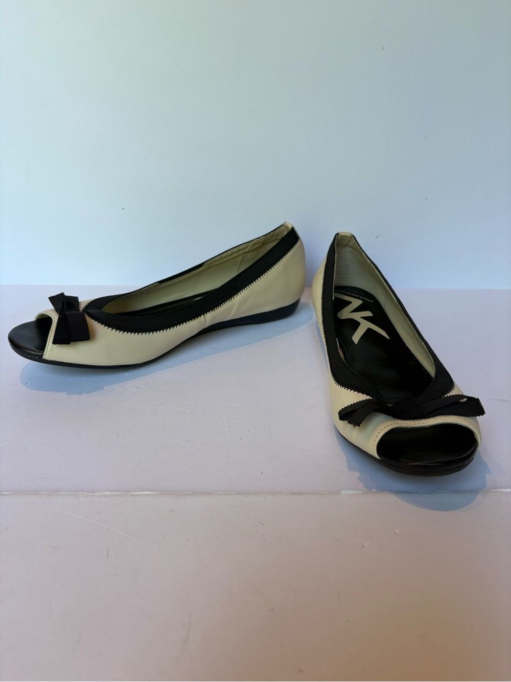 Anne Klein Sport Women's Two-Tone Black and Cream Peep-Toe Ballet Flats 9 1/2M